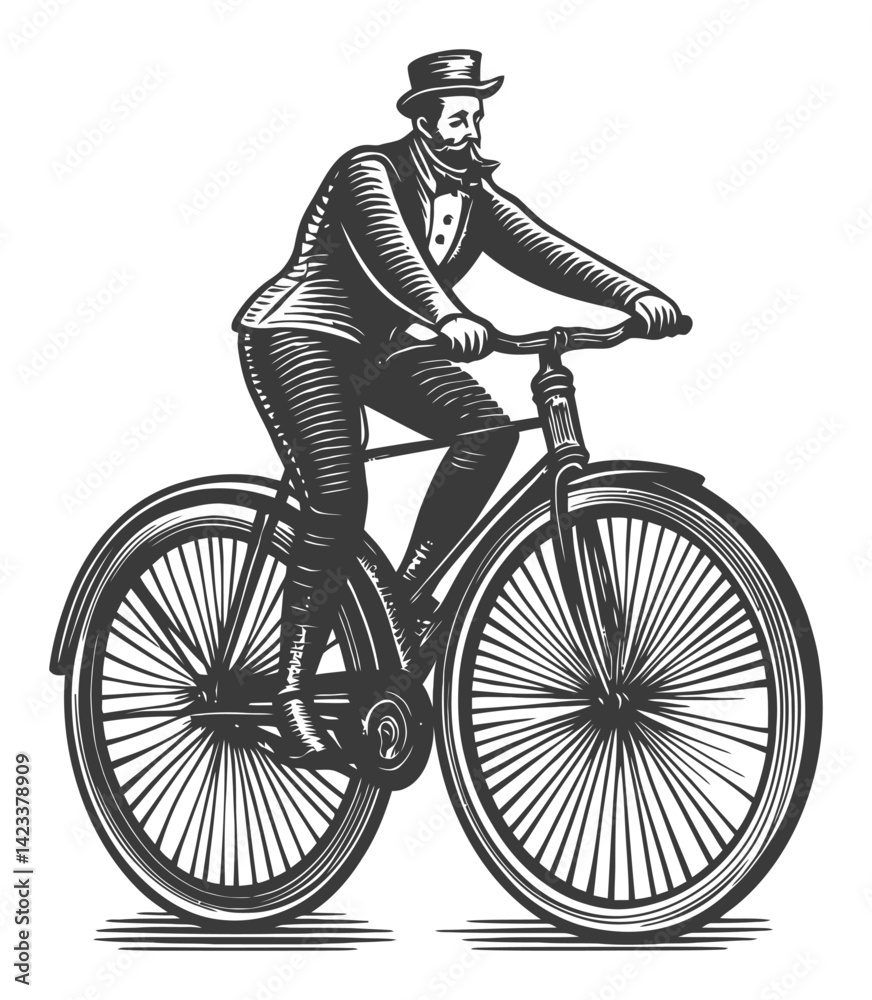 Fototapeta premium Vintage Bicycle Rider Illustration in Linocut Style Artwork