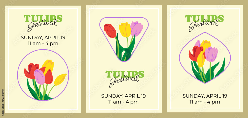 Fototapeta premium Tulips festival trendy poster, banner, card, cover set. Design template for Spring event. Background with tulip flowers and text. Floral greeting card collection.