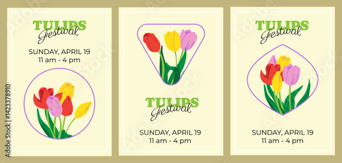 Wallpaper Mural Tulips festival trendy poster, banner, card, cover set. Design template for Spring event. Background with tulip flowers and text. Floral greeting card collection. Torontodigital.ca