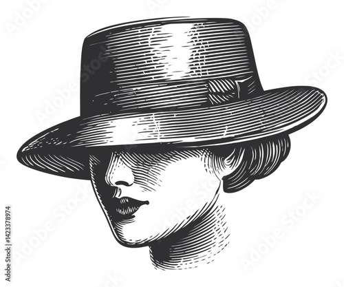 Elegant Woman Wearing Stylish Hat in Linocut Illustration Style