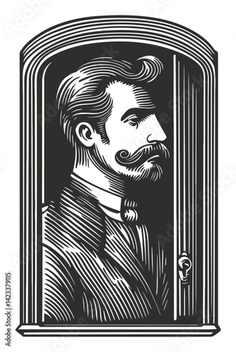 Detailed Linocut Portrait of a Mustachioed Man in a Doorway