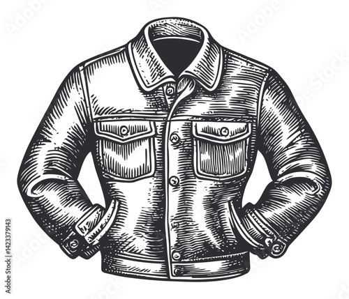 Detailed Linocut Illustration of a Classic Denim Jacket Design