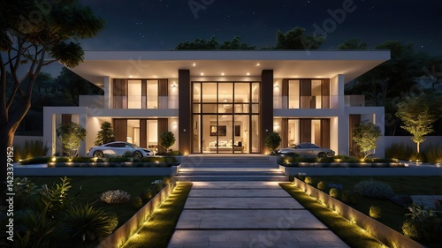 Luxury home facade with illuminated walkways, garden lighting at night, photoreal rendering photo