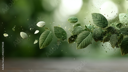 Whirlwind of Greenery: An abstract display of vibrant green leaves swirling through the air, creating a mesmerizing visual of natural growth and renewal.