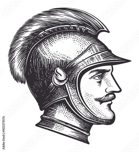 Detailed Engraving of a Roman Soldier with Plumed Helmet