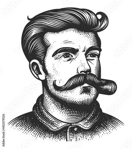 Detailed Vintage Portrait of a Man with Mustache in Linocut Style