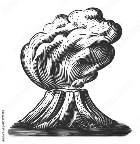 Dramatic Eruption of Volcano Captured in Classic Engraving Style