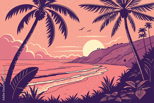 Tropical beach with palm trees and seagulls, vector illustration
