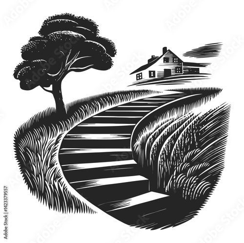 Serene Landscape with Tree and House in Classic Linocut Style