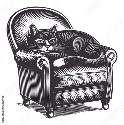 Cat Resting Comfortably on Vintage Chair in Woodcut Style Design