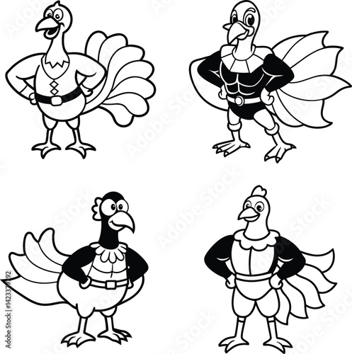 Line art illustration featuring four unique cartoon turkey characters