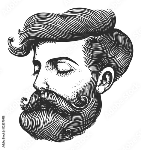 Detailed Illustration of Vintage Male Portrait with Beard and Hair