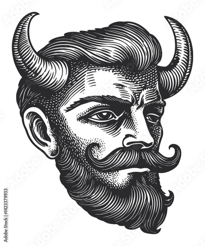 Detailed Black and White Illustration of a Horned Man with Beard