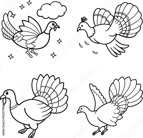 Cartoon birds outline illustration set for kids coloring book activity pages design