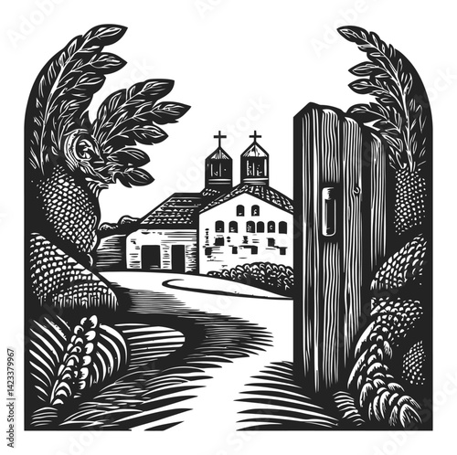 Charming Rural Scene with House and Trees in Linocut Style Art