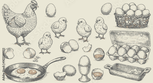 Chicken and Egg Sketch Illustration