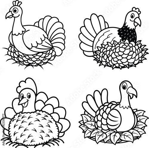 Cartoon turkey collection in nest black and white illustration for coloring pages