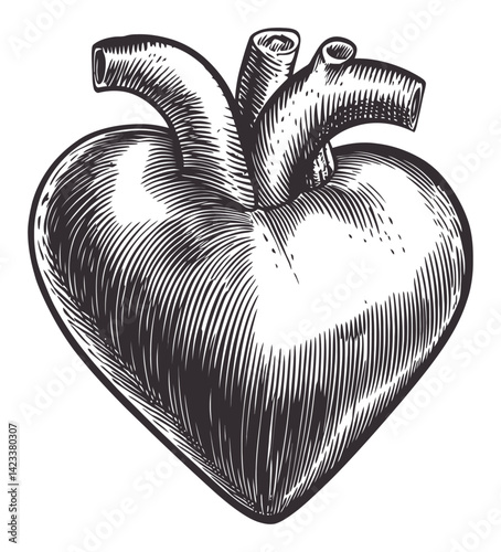 Detailed Engraving of a Heart with Vessels in Vintage Style