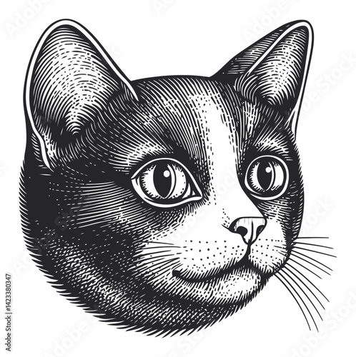 Detailed Cat Portrait in Linocut Style with Engraved Features
