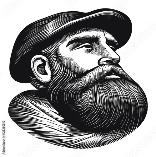Detailed Black and White Linocut Portrait of a Bearded Man