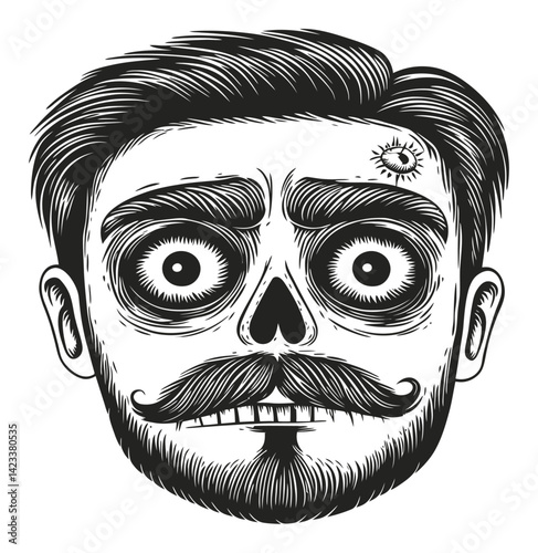 Detailed Linocut Style Illustration of a Skull Faced Man