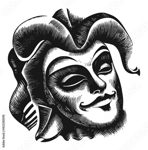 Elegant Hand-Drawn Mask Design in Linocut Style for Illustrations