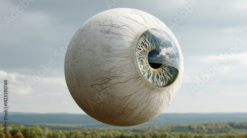 Surreal Eye: A giant eye floats dreamily against a tranquil background, inviting introspection, and curiosity, creating a feeling of wonder and mystery. 