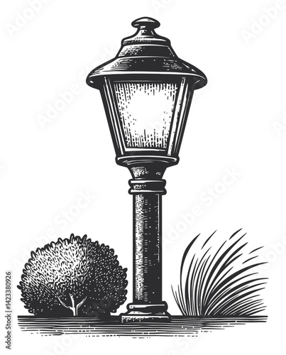 Vintage Linocut Style Illustration of a Classic Street Lamp Design