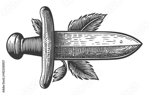 Vintage Style Engraving of a Dagger Surrounded by Leaves