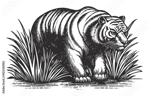 Detailed Black and White Tiger Linocut Illustration in Grass
