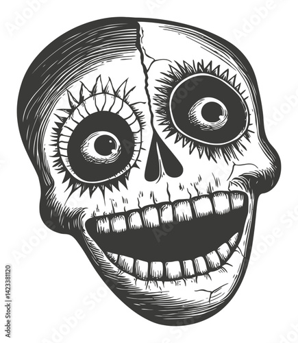 Vintage Linocut Skull Illustration with Distinctive Features