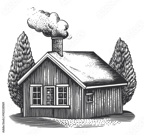 Vintage Woodcut Style House Illustration with Smoke and Trees