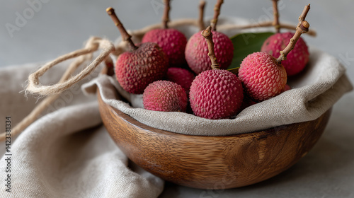 Lychee Feast: A close-up shot showcases a wooden bowl brimming with freshly harvested lychees, presenting their unique textured skin and succulent nature.