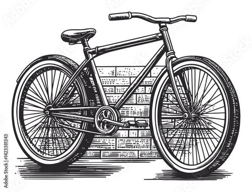 Vintage Bicycle Linocut Illustration with Detailed Line Art Design