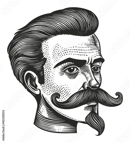 Vintage Man Portrait with Detailed Beard and Mustache in Linocut Style