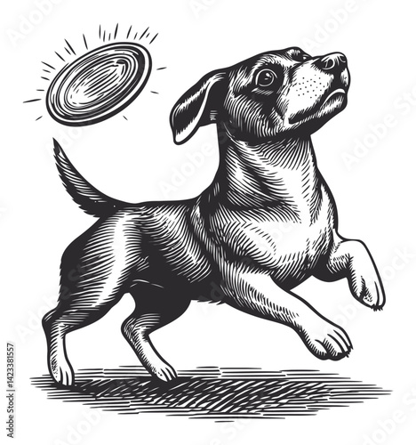 Playful Dog Jumping for Flying Frisbee Engraved Illustration