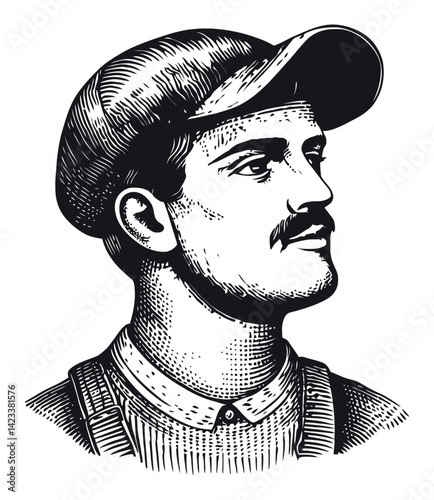 Detailed Portrait of a Man Wearing a Cap in Vintage Style Illustration