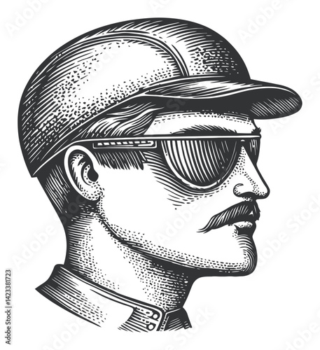 Detailed Vintage Illustration of a Man in Sunglasses and Cap