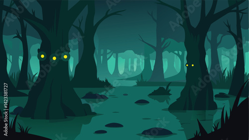 Swamp Forest At Night With Glowing Eyes In Shadows