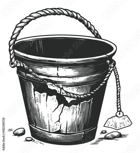 Vintage Bucket Illustration in Linocut and Engraving Style