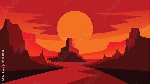 Sunset Over A Red Rock Canyon With Dramatic Shadows