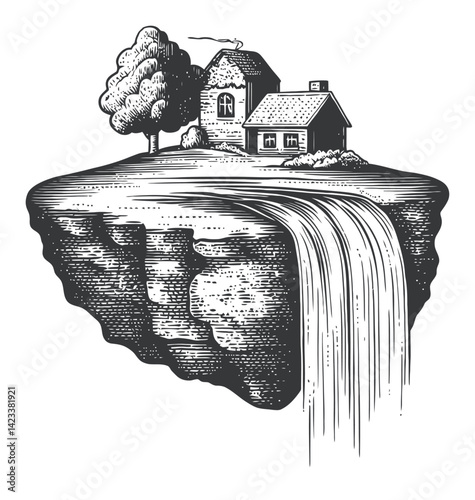 Serene House on Cliff with Cascading Waterfall Linocut Illustration