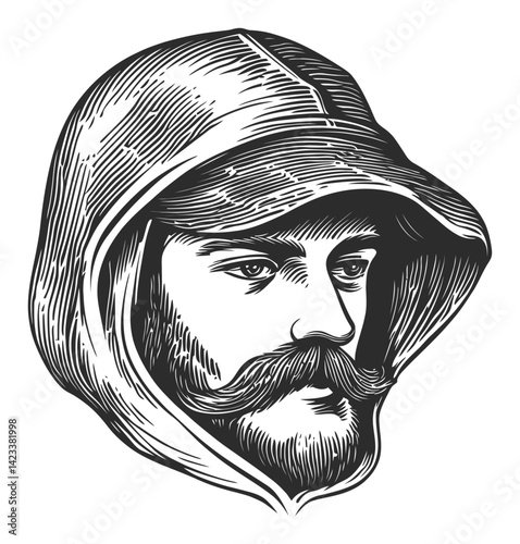 Detailed Vintage Portrait of a Man with a Hood and Mustache