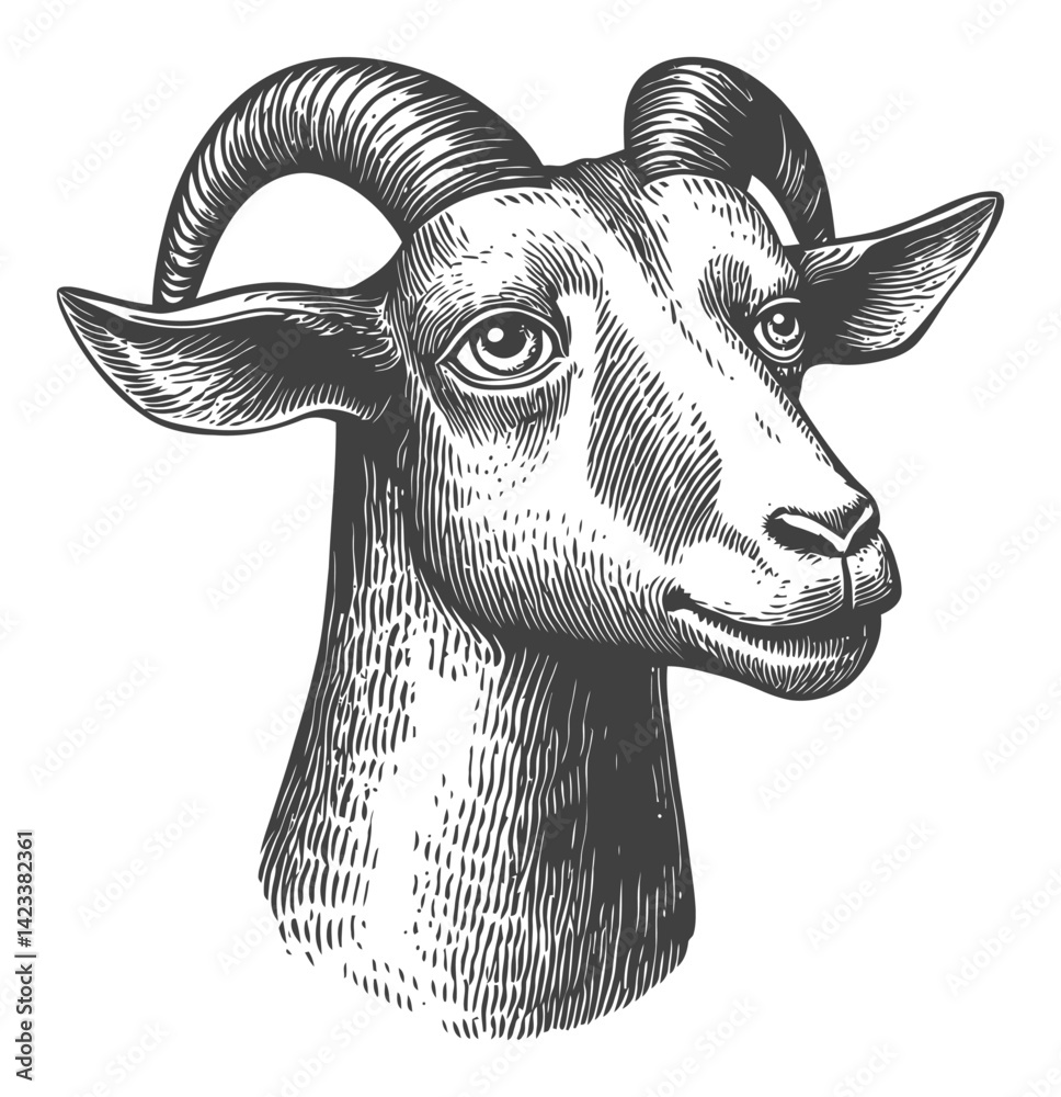 Obraz premium Detailed Goat Head Illustration in Linocut Style for Artwork