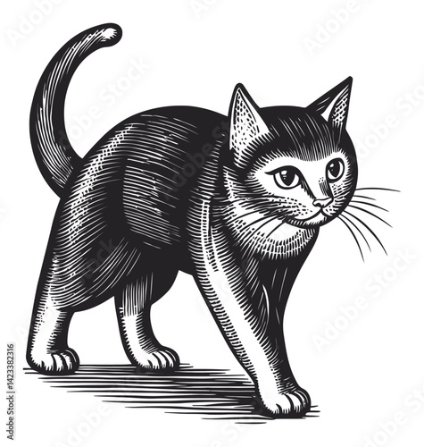 Detailed Black and White Linocut Style Illustration of a Cat