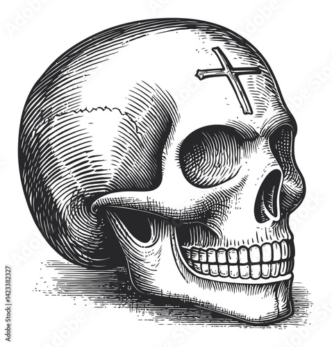 Detailed Black and White Skull Illustration in Engraving Style