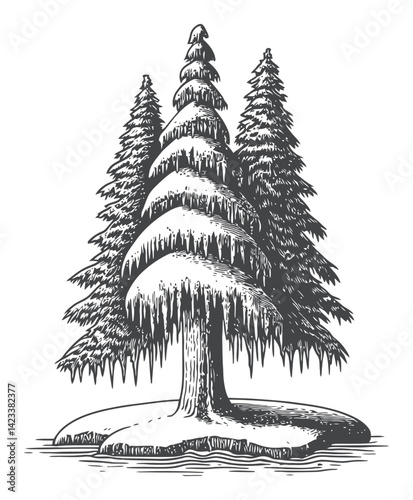 Vintage Style Linocut of Pine Trees in Snowy Landscape Illustration