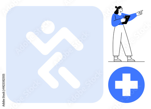 Healthcare worker with clipboard pointing for guidance, active movement shape, blue medical cross. Ideal for health, wellness, action, exercise, fitness, first aid simple landing page