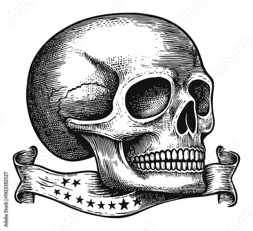 Vintage Engraving of a Skull with Decorative Banner Illustration