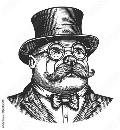 Vintage Gentleman Portrait Engraving with Top Hat and Bowtie